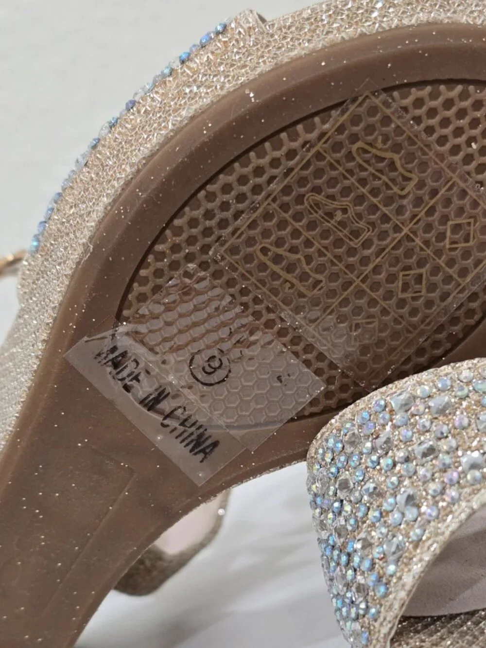 David’s Bridal ✦ Gold Glitter Wedge Sandal ✦ Rhinestones Adjustable Strap Heel 9